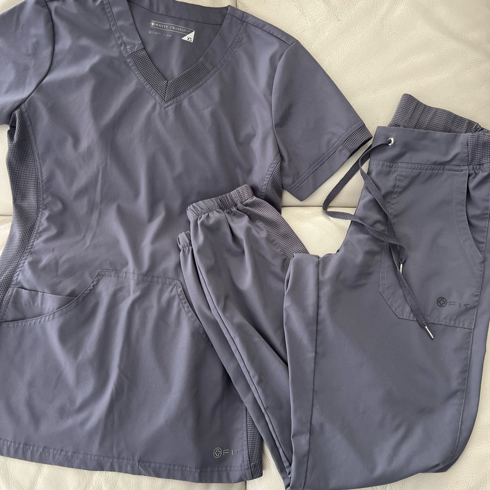 White Cross Fit Charcoal Scrub Set with V-Neck Top and Drawstring Pants